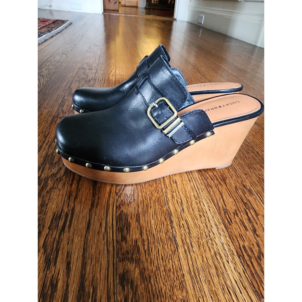 Lucky Brand Leather Wedge Clog Mules Black Studded Buckle Leather 9.5